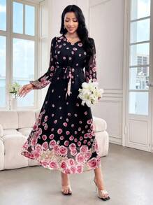 Modelyn 优雅花卉印花灯笼袖连衣裙，春/秋