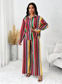SHEIN Lady Four Seasons Red Set Casual Two Piece Set Women Women Suits Fall Sets Bohemian Style Casual Colorful Striped Long-Sleeved Shirt With Loose Wide-Leg Pants Women Fall Sets Fall Two Piece Sets New Women's Two-Piece Set