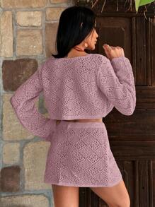 RueChic Hollow Out Cover Up Set, For Summer Beach Vacation - Pink - View 5