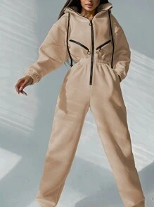 INAWLY Mono de manga larga con cremallera y bloque de color, con corte ajustado en la cintura, uso diario casual para mujer - Caqui - Ver 3