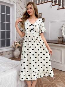 CottageSlumber Colorblock Contrast Lace Heart Print Ruffle Hem Women's Nightgown Babydoll Holiday Season - Apricot - View 1