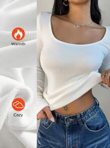 SHEIN BASICS Women's Casual Solid Color Knit Scoop Neck Long Sleeve Slim Fit T-Shirt, Upgraded Thermal Fabric, Thermal Lined Without Bulkiness, Slim Fitted Stretch Undershirt Tee Blouse For Fall And Winter