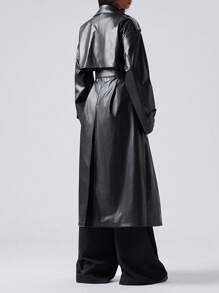LYSMO Women's Solid Color Minimalist Everyday PU Long Trench Coat - Black - View 2