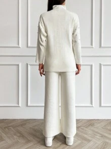 EURMUSE Women Pearl Detailed Sweater Two Piece Sets - White - View 2
