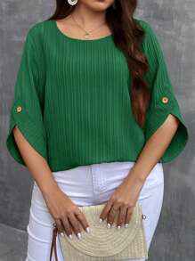 EMERY ROSE Blusa holgada y casual de manga 3/4, cuello redondo y unicolor para mujer de talla grande