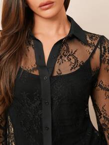 Amorya Elegant Solid Color Lace See-Through Long Sleeve Shirt For Autumn,Long Sleeve Tops