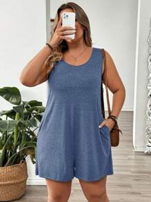 SHEIN LUNE Plus Size Solid Color Round Neck Sleeveless Pocket Simple Romper, Casual Daily Wear - Blue - View 3