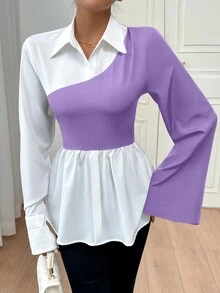 SHEIN Privé Áo sơ mi dài tay màu tương phản đen trắng thoải mái thường ngày cỡ lớn dành cho nữ có viền rộng - Màu tím - Xem 2