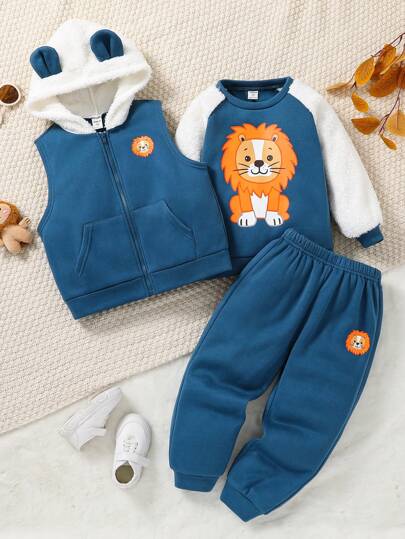 Köp 2 Få 1 gratis 3st/set Unga pojkar Casual Collegiate Bekvämt och moderikt Enkelt Praktiskt mångsidig Tiger Graphic Huvväst i fleece, Tröja och byxor med rund hals, Outfits för ung pojke tillbaka till skolan, perfekt för dagligt slit, skola, utflykter och sporter på hösten /Vinter