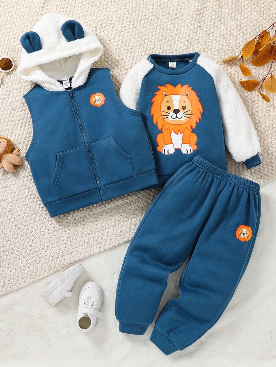 Buy 2 Get 1 Free 3pcs/Set Young Boys Casual Collegiate Comfortable And Fashionable Simple Practical Versatile Tiger Graphic Fleece Hooded Vest, Crew Neck Sweatshirt And Pants Suits, Young Boy Back To School Outfits, Ideal For Daily Wear, School, Outings And Sports In Autumn/Winter - Blue - View 1