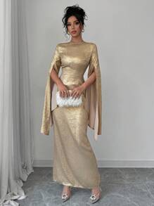 Elenzga 女士奢华晚礼服，金色圆领长袖开衩连衣裙，适合新年、派对、宴会、女士服装 - 金色 - 查看 5