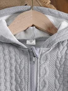 1 pieza Cárdigan de punto gris con capucha y parches casual para niñas pequeñas, adecuado para uso diario y combinación con conjuntos familiares