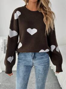 Chiquease Women's Heart Pattern Casual Knit Sweater, Spring/Fall Knit Pullover Fall Winter Outfit - Coffee Brown - View 5