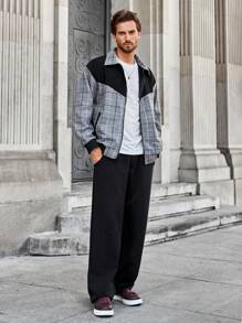 Manfinity RelaxMax Chaqueta casual con cremallera de manga larga a cuadros para hombre, primavera/otoño