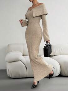 Chiquease 女士露肩长袖金属装饰长款毛衣连衣裙 - 卡其色 - 查看 3