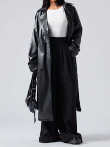 LYSMO Women's Solid Color Minimalist Everyday PU Long Trench Coat - Black - View 1