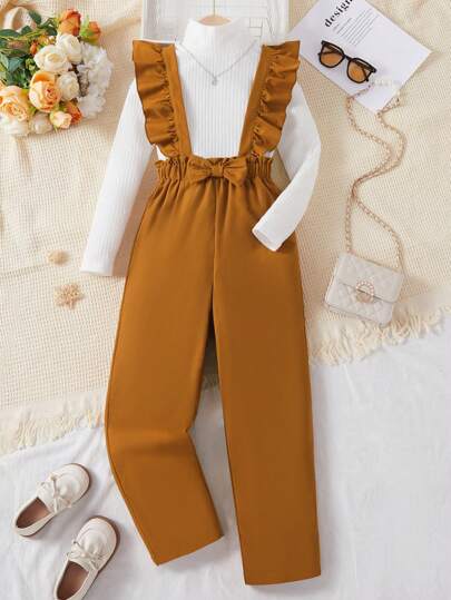 2pcs/Set Tween Girl Elegant Ruffled Suspender Overall And Tank Top Set, Autumn/Winter