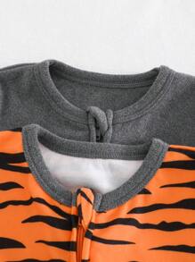 Cozy Pixies 2pcs Newborn Baby Boy Cartoon Tiger Print Knitted Soft Round Collar Long Sleeve Footie Jumpsuit Set Graphic - Grey - View 7