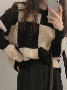 DAZY 女士圆领长袖格子简约毛衣，休闲日常，冬装，秋装 - 黑色 - 查看 6