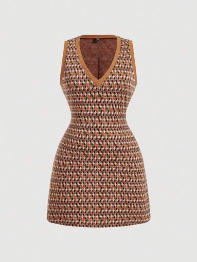 SHEIN MOD Plus Size 70s Retro Geometric Contrast Color Tank Dress