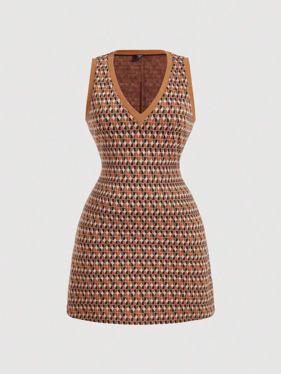 SHEIN MOD 大码 70 年代复古几何撞色背心裙 - 彩色 - 查看 1