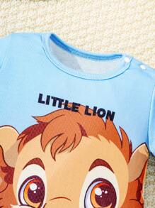 SHEIN 3pcs/Set Baby Boy Cute Lion Print Long Sleeve Top And Pants With Hat Home Wear