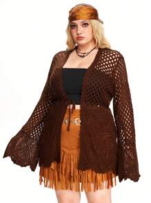 ROMWE Hippie 大码休闲纯色镂空针织开衫，棕色女式开衫