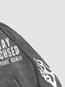 ROMWE MEN Street Life Letter & Flame Print Zip-Up Hooded Sweatshirt With Pockets
