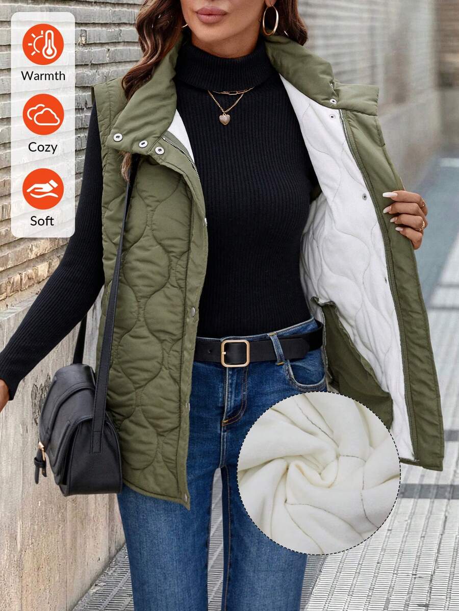 SHEIN LUNE Áo khoác vest không tay có túi khóa kéo rộng rãi cho nữ, mùa đông - xanh quân đội - Xem 1