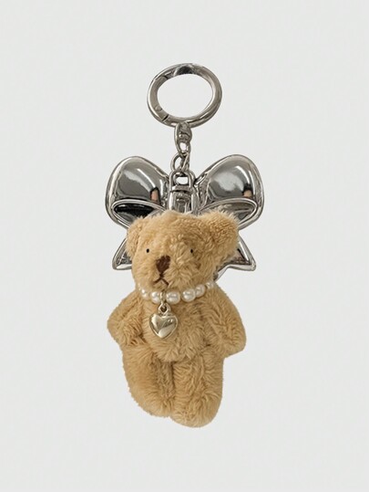 Kawaii 1 Stück koreanischer, süßer Schlüsselanhänger mit großer Perlen-Schleife, braunem Bären-Herz, für Auto, Kopfhörer, Handy-Hülle, Taschen-Anhänger, Schlüsselring