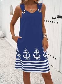 SHEIN LUNE 休闲无袖条纹拼布迷你连衣裙 - 寶藍色 - 查看 3