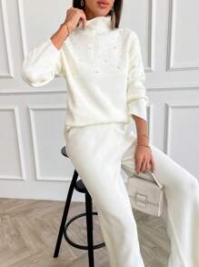 EURMUSE Women Pearl Detailed Sweater Two Piece Sets - White - View 6