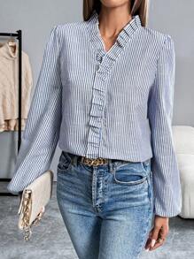 Chiquease Blouse à manches longues avec volant à rayures décontractée pour femmes, printemps/automne