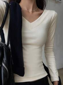DAZY Camiseta de mujer de cuello en V de unicolor con forro térmico, casual y versátil para otoño e invierno