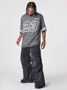 Manfinity RebelGame 男士宽松水洗休闲裤，休闲百搭深灰色长裤，适合外出穿着，可作为送给丈夫或男友的礼物 - 黑色 - 查看 5