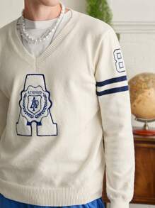 Manfinity EZcore V-Neck Letter Applique & Striped Print Long Sleeve Pullover Sweater - Apricot - View 6