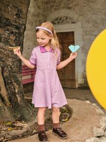 SHEIN 1pc Plaid Pattern Short Sleeve Polo Dress, Elegant Casual Back To School Style Suitable For Outing - Purple - View 7