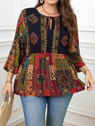 SHEIN Plus Size Casual Vintage Floral Print Shirt Peplum Top