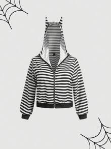 SHEIN MOD Große Größen Jacke mit Kapuze und Katzenohren, schwarz-weiß gestreift - Schwarz und Weiss - Übersicht 3