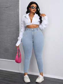SHEIN SXY Quần Jeans Denim Màu Trơn Đơn Giản Mặc Hàng Ngày Cho Nữ Cỡ Lớn - Rửa nhẹ - Xem 4