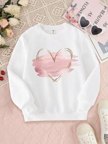 SHEIN Tween Girl Round Neck Fleece Tween Girl Sweatshirt With Metallic Love Pattern Print - White - View 1