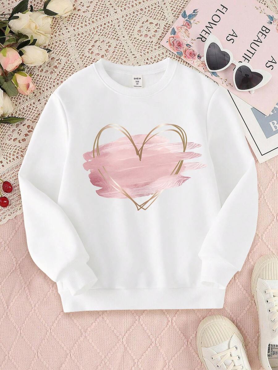 SHEIN Tween Girl Round Neck Fleece Tween Girl Sweatshirt With Metallic Love Pattern Print - White - View 1