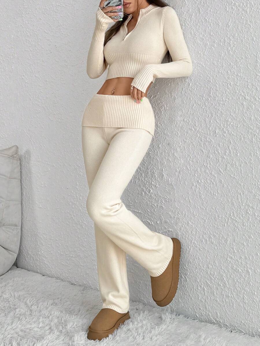 Flirla 2pcs/Set Slim Fit Half-Zip Casual Sweater & Knit Shorts , 2 Pieces , Beige Outfit Women Fall Cloth For Women