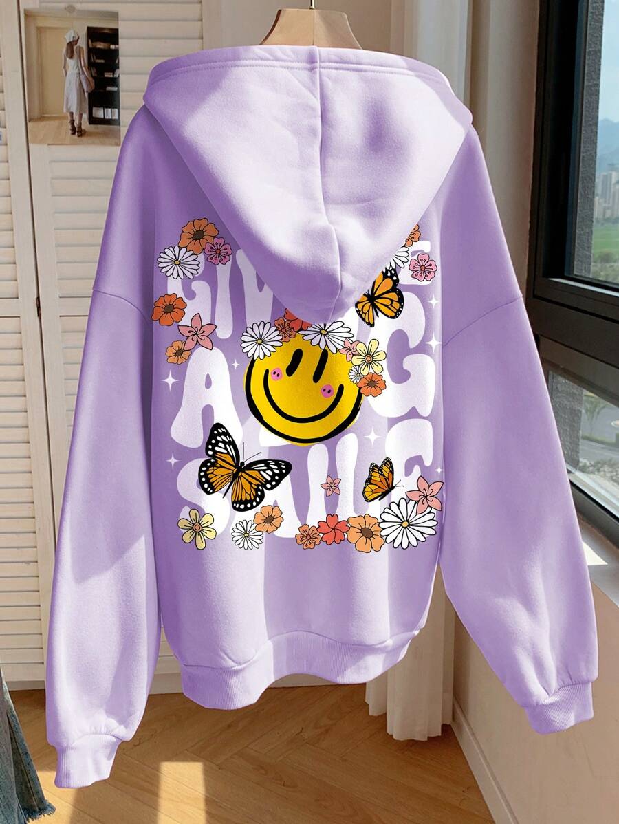 SHEIN 少女休闲简约宽松加厚抓绒卫衣，印有笑脸图案，适合秋冬季穿着 - 淡紫色 - 查看 1