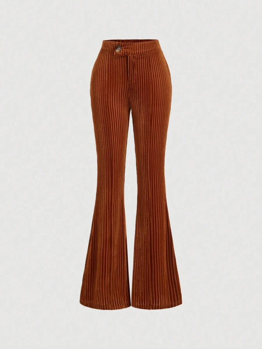 SHEIN MOD 女士棕色不对称腰部喇叭裤、秋季裤、复古裤、外出裤、天鹅绒运动服、棕色紧身裤、长款秋季连衣裙 - 棕色 - 查看 1