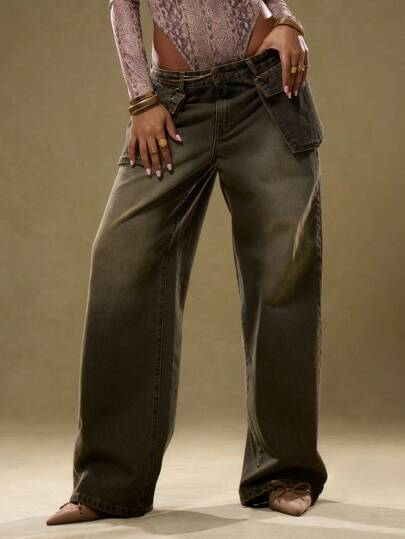 MUSERA 带环形钩扣口袋细节的牛仔裤，90年代春夏Y2K风格，性感可爱复古西部度假风，秋冬休闲纳什维尔日常约会之夜时尚单品