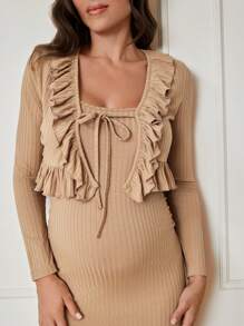 SHEIN 2pcs Maternity Ruffle Collar Cardigan Top & Tie Waist Split Front Dress Set - Brown - View 6