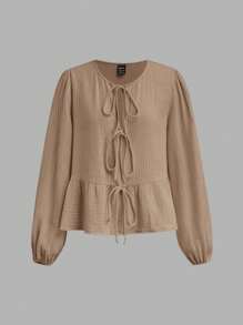 SHEIN Essnce Bộ trang phục giải trí 2 món cho nữ - Áo tay lỡ rút dây & Quần ống rộng cạp cao, Mùa xuân 2024 - Màu Khaki - Xem 3