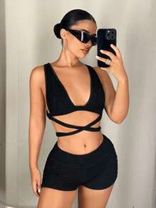 SHEIN ICON 2pcs Summer Sexy Backless Tie Camisole And Plain Low-Waist Shorts Set