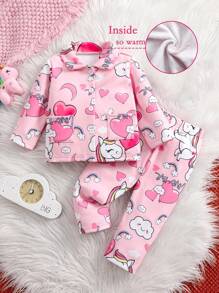 Bộ đồ ngủ vải nỉ in hình trái tim kỳ lân cho bé gái 2 món, áo sơ mi dài tay và quần dài, đồ ngủ mùa đông ấm áp - Hồng - Xem 7